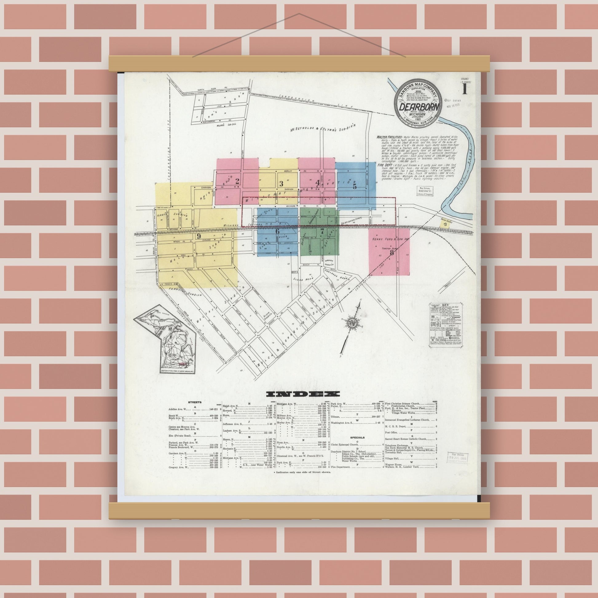 Old map wall art mockup — magnetic wood frame on brick wall — Sanborn Fire Insurance Map from Dearborn, Wayne County, Michigan (1921) - Complete Map Set