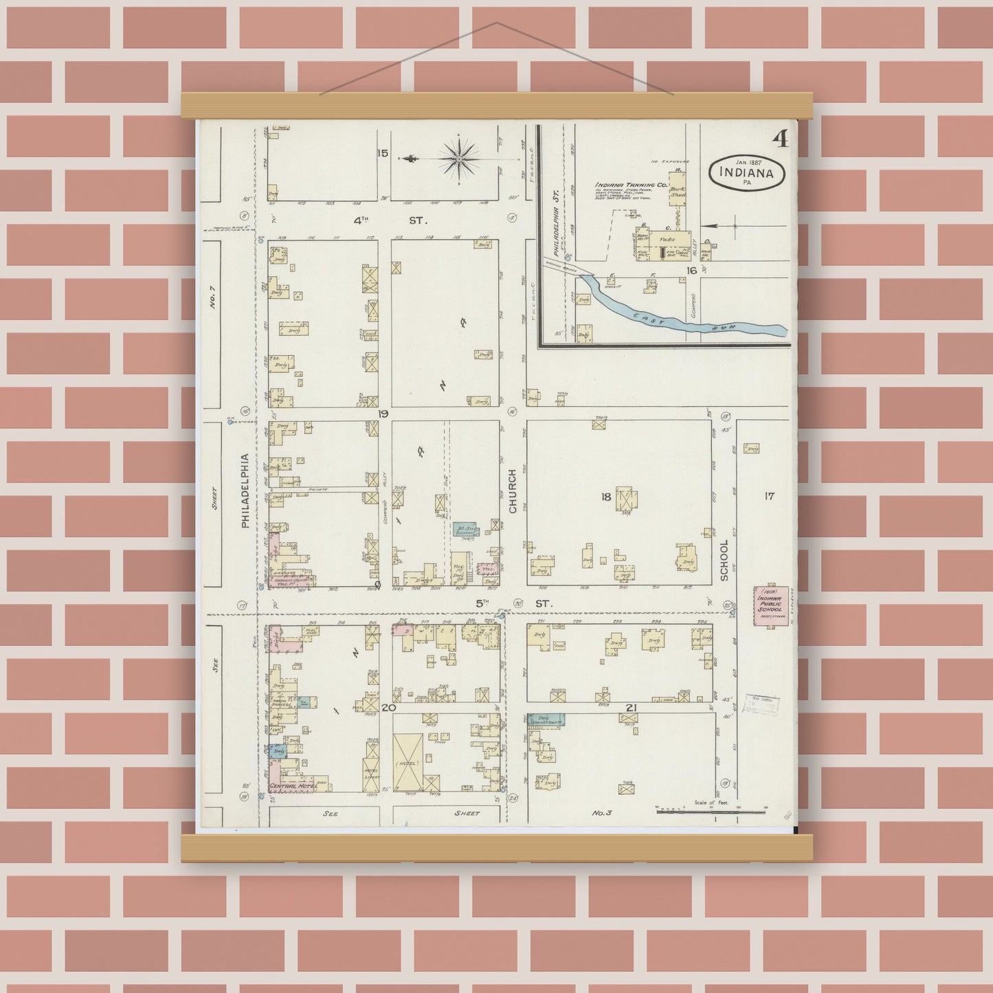 Old map wall art mockup — magnetic wood frame on brick wall — Sanborn Fire Insurance Map from Indiana, Indiana County, Pennsylvania (1887), Sheet #0004
