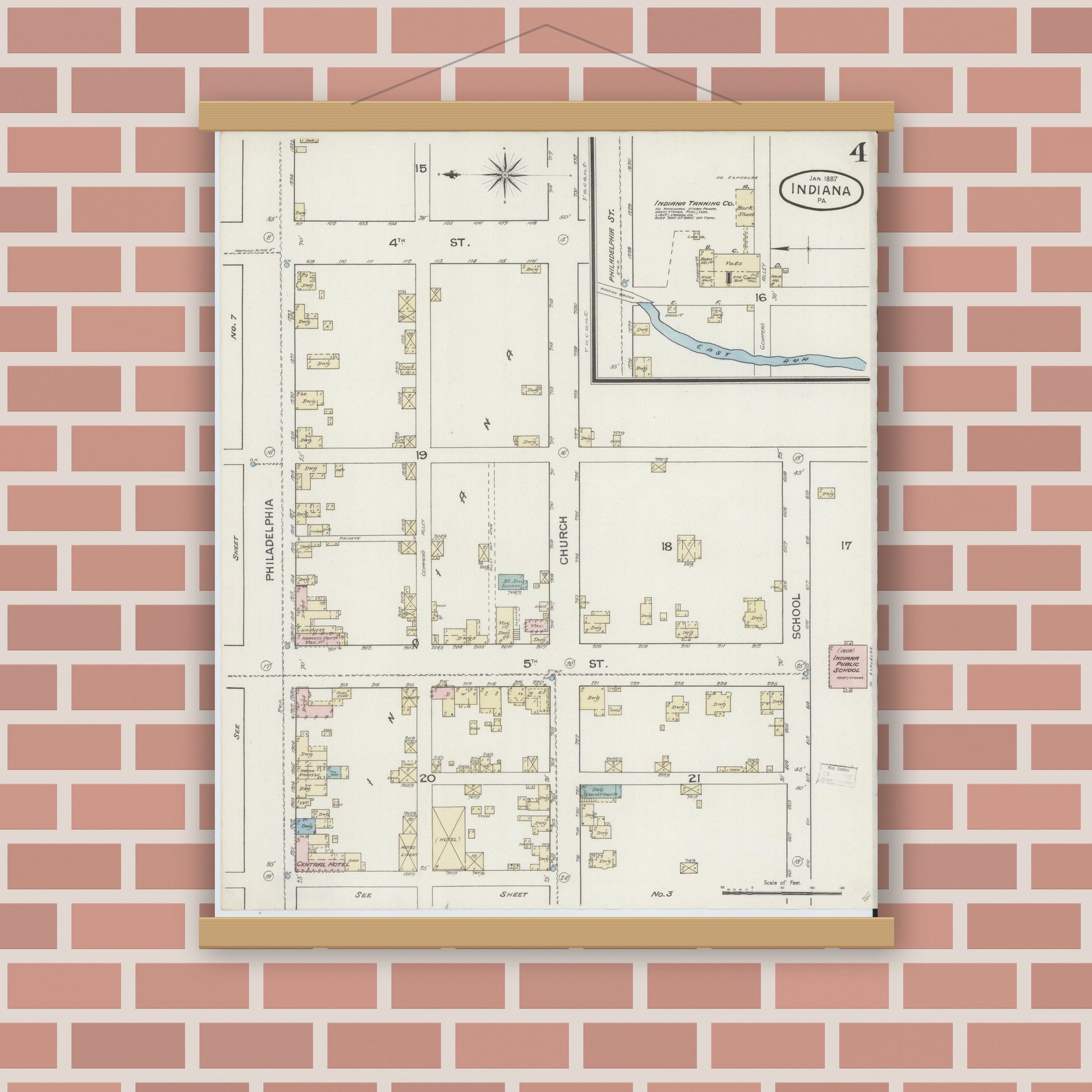 Old map wall art mockup — magnetic wood frame on brick wall — Sanborn Fire Insurance Map from Indiana, Indiana County, Pennsylvania (1887), Sheet #0004