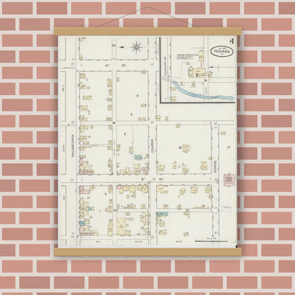 Old map wall art mockup — magnetic wood frame on brick wall — Sanborn Fire Insurance Map from Indiana, Indiana County, Pennsylvania (1887), Sheet #0004