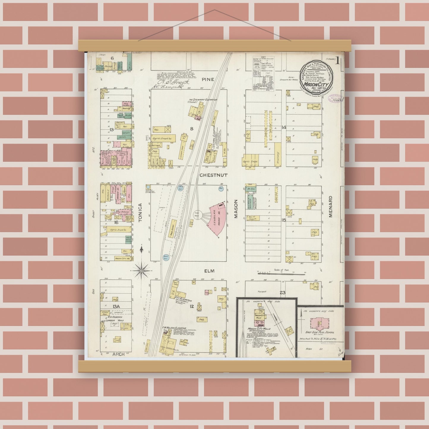 Old map wall art mockup — magnetic wood frame on brick wall — Sanborn Fire Insurance Map from Mason City, Mason County, Illinois (1887), Sheet #0001
