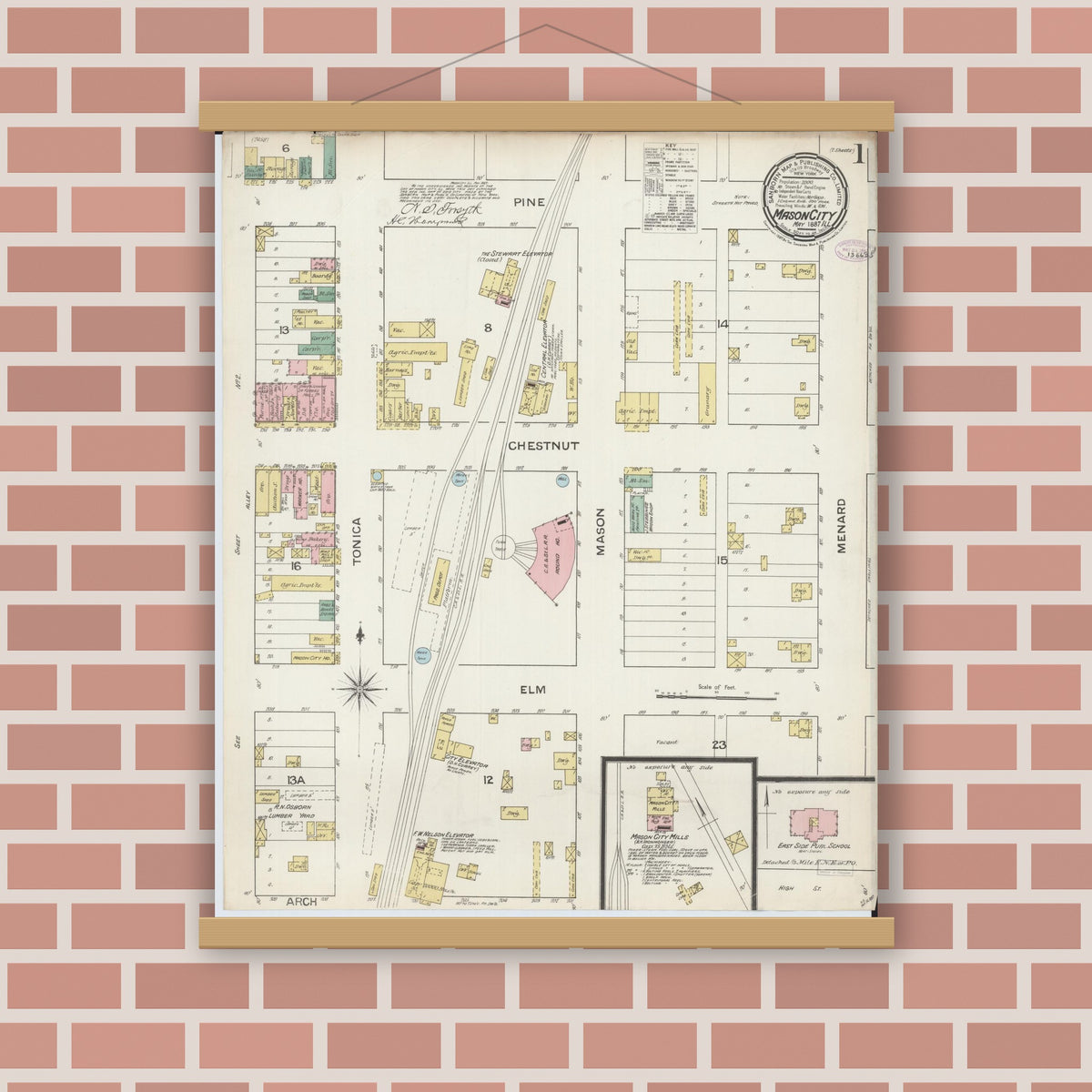 Old map wall art mockup — magnetic wood frame on brick wall — Sanborn Fire Insurance Map from Mason City, Mason County, Illinois (1887), Sheet #0001
