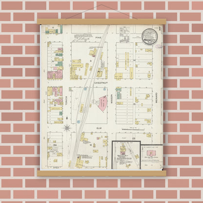 Old map wall art mockup — magnetic wood frame on brick wall — Sanborn Fire Insurance Map from Mason City, Mason County, Illinois (1887), Sheet #0001