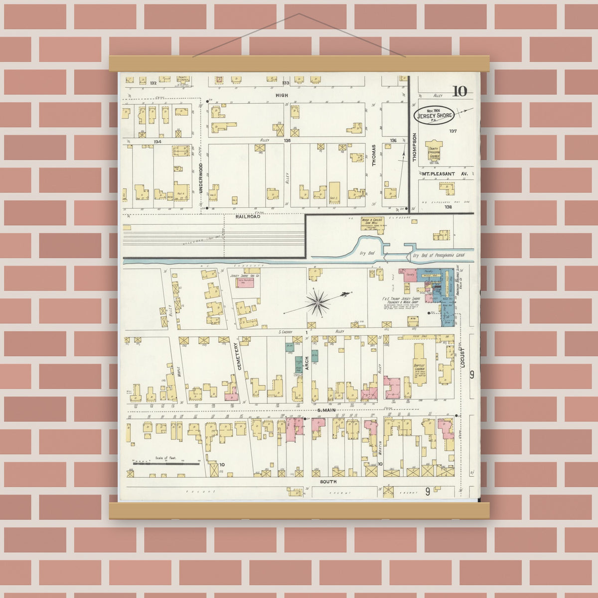 Old map wall art mockup — magnetic wood frame on brick wall — Sanborn Fire Insurance Map from Jersey Shore, Lycoming County, Pennsylvania (1906), Sheet #0010