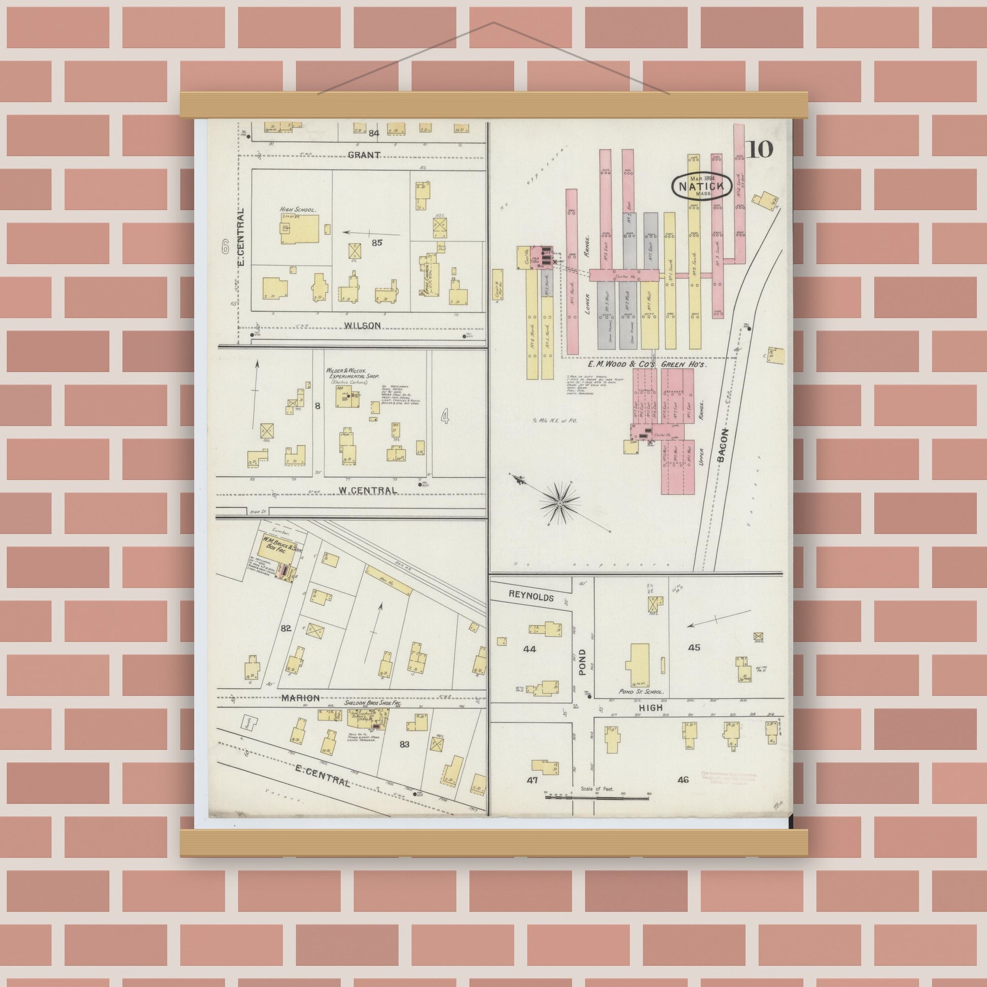 Old map wall art mockup — magnetic wood frame on brick wall — Sanborn Fire Insurance Map from Natick, Middlesex County, Massachusetts (1894), Sheet #0010