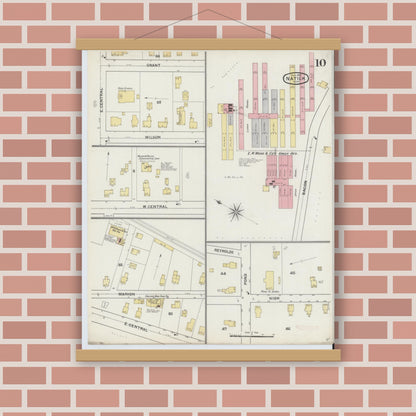 Old map wall art mockup — magnetic wood frame on brick wall — Sanborn Fire Insurance Map from Natick, Middlesex County, Massachusetts (1894), Sheet #0010