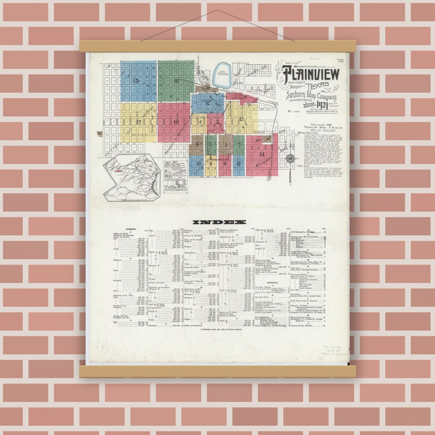 Old map wall art mockup — magnetic wood frame on brick wall — Sanborn Fire Insurance Map from Plainview, Hale County, Texas (1921) - Complete Map Set