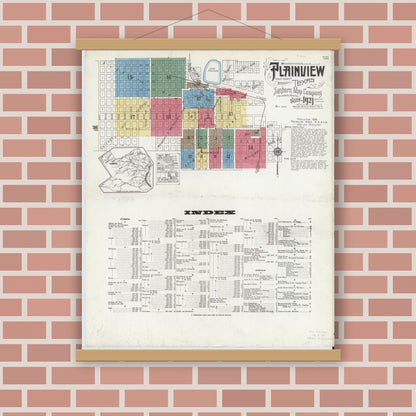 Old map wall art mockup — magnetic wood frame on brick wall — Sanborn Fire Insurance Map from Plainview, Hale County, Texas (1921) - Complete Map Set