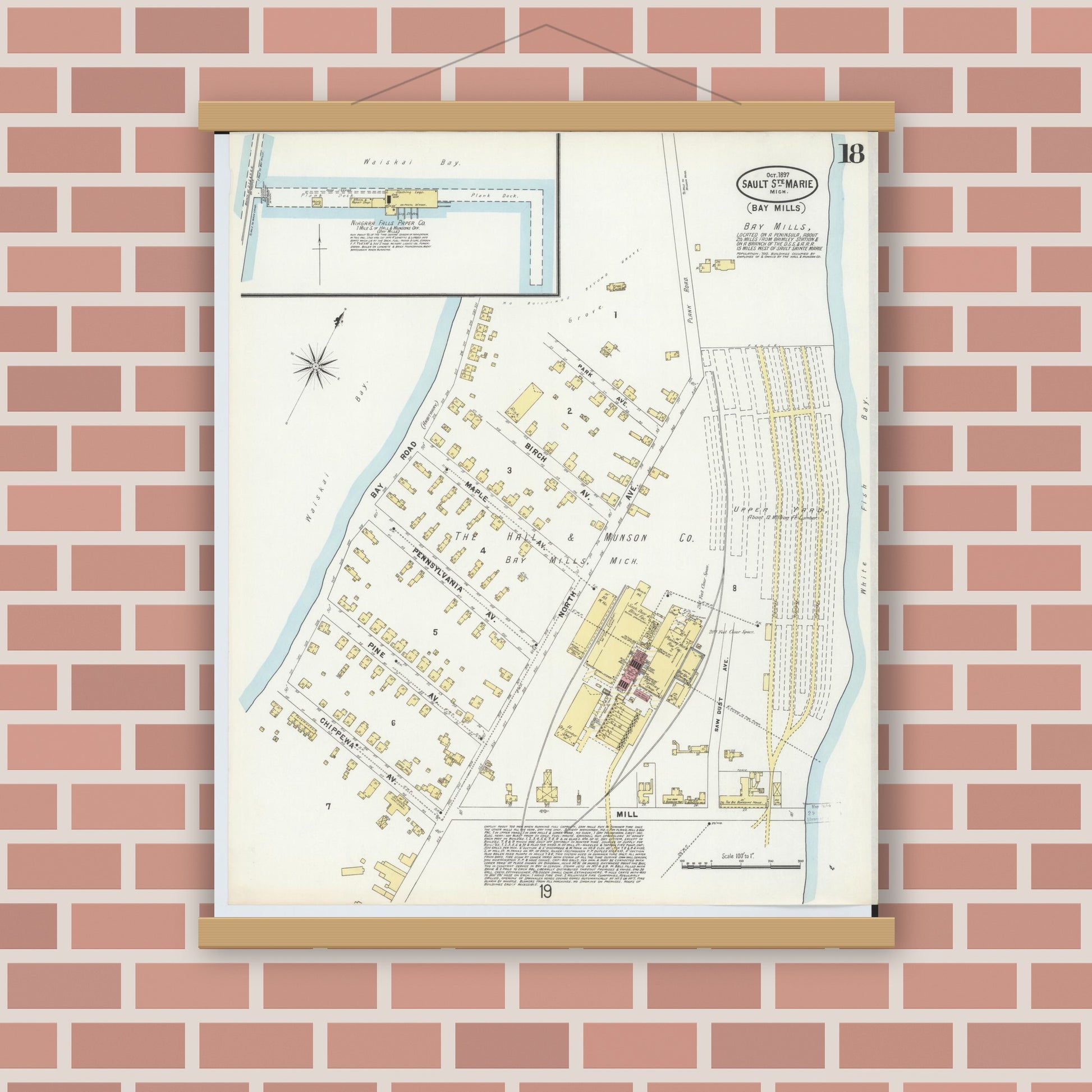 Old map wall art mockup — magnetic wood frame on brick wall — Sanborn Fire Insurance Map from Sault Sainte Marie, Chippewa County, Michigan (1897), Sheet #0018