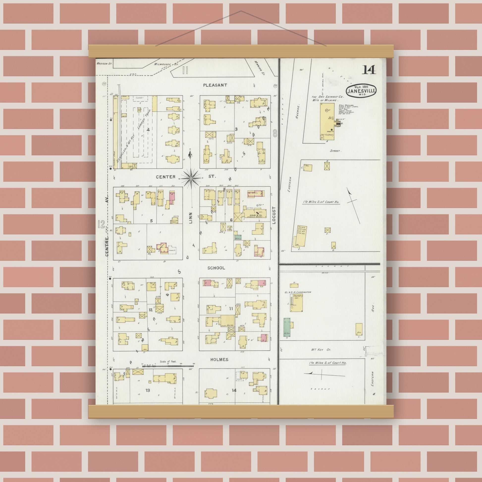 Old map wall art mockup — magnetic wood frame on brick wall — Sanborn Fire Insurance Map from Janesville, Rock County, Wisconsin (1895), Sheet #0014