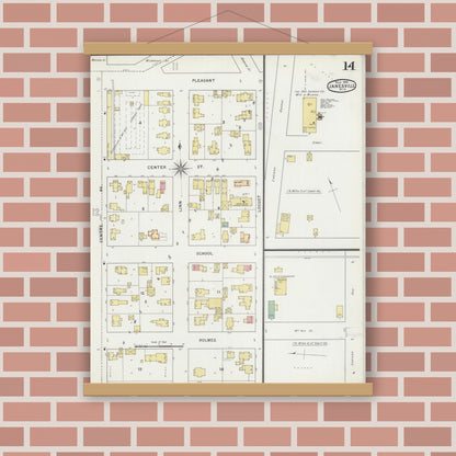 Old map wall art mockup — magnetic wood frame on brick wall — Sanborn Fire Insurance Map from Janesville, Rock County, Wisconsin (1895), Sheet #0014