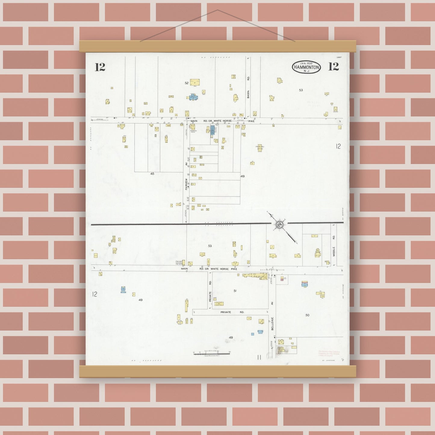 Old map wall art mockup — magnetic wood frame on brick wall — Sanborn Fire Insurance Map from Hammonton, Atlantic County, New Jersey (1930), Sheet #0012
