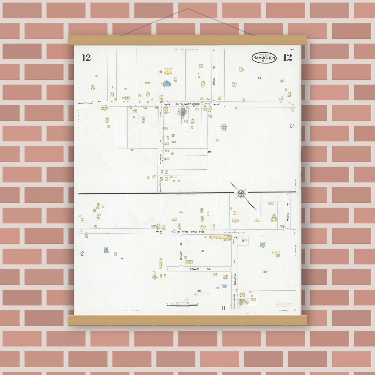 Old map wall art mockup — magnetic wood frame on brick wall — Sanborn Fire Insurance Map from Hammonton, Atlantic County, New Jersey (1930), Sheet #0012