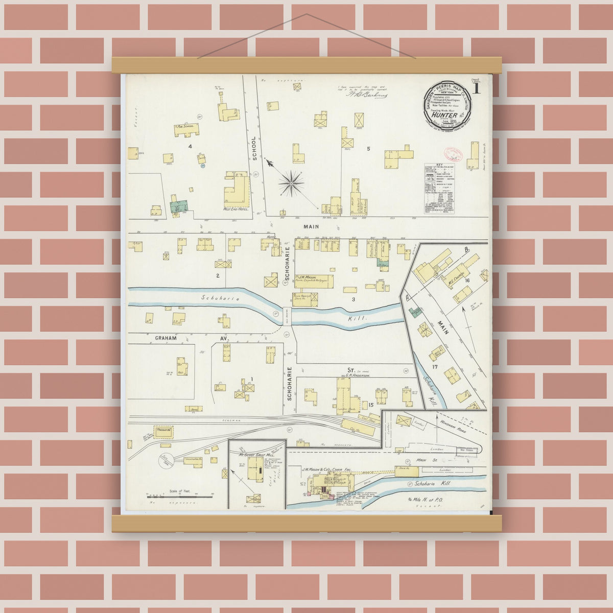 Old map wall art mockup — magnetic wood frame on brick wall — Sanborn Fire Insurance Map from Hunter, Greene County, New York (1895) - Complete Map Set