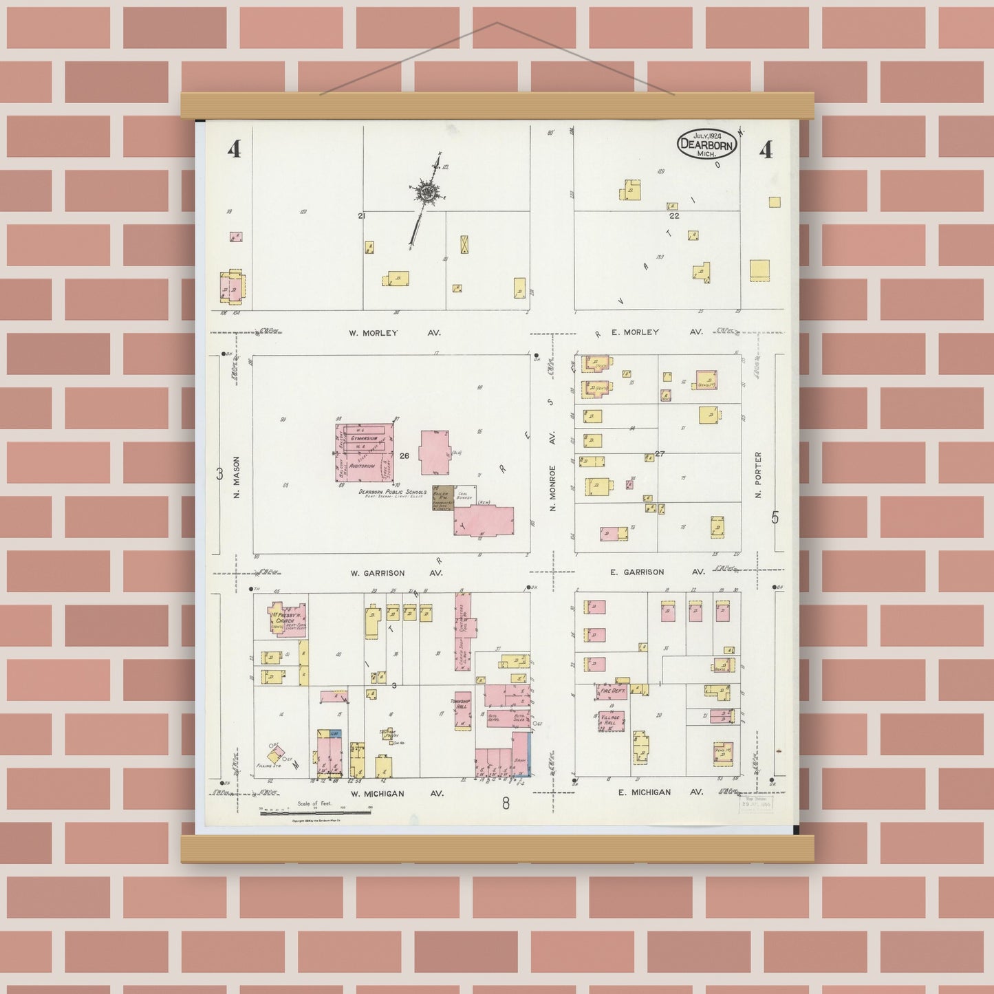 Old map wall art mockup — magnetic wood frame on brick wall — Sanborn Fire Insurance Map from Dearborn, Wayne County, Michigan (1924), Sheet #0004
