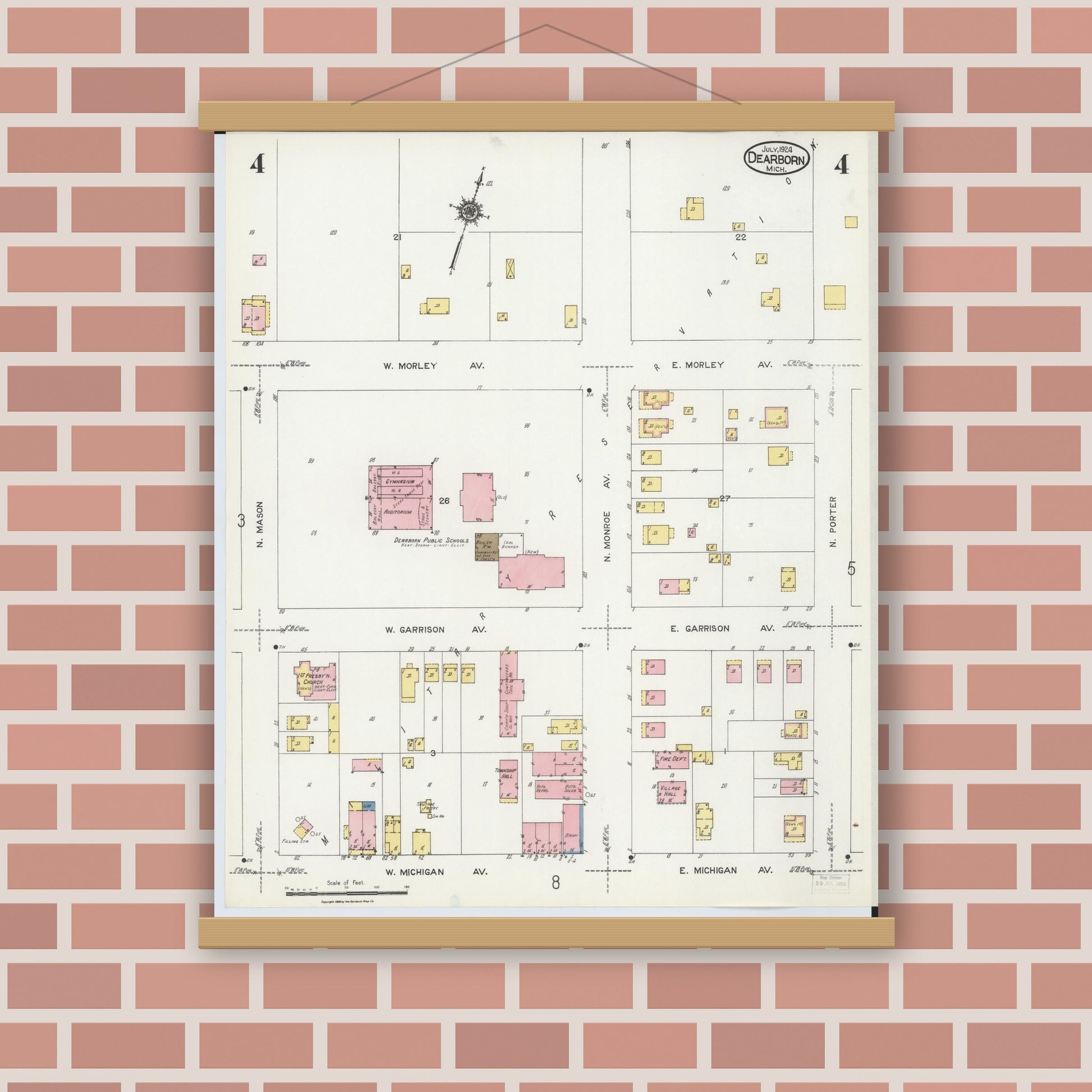 Old map wall art mockup — magnetic wood frame on brick wall — Sanborn Fire Insurance Map from Dearborn, Wayne County, Michigan (1924), Sheet #0004