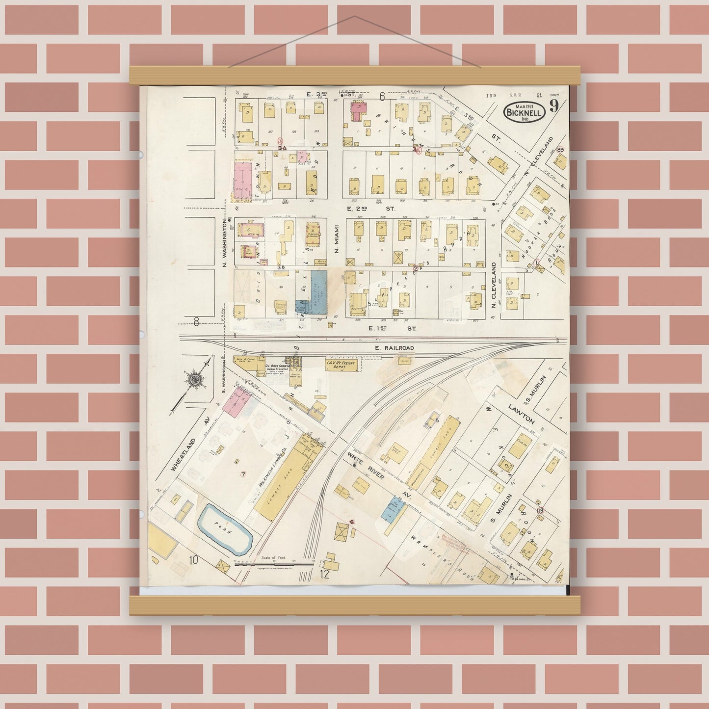 Old map wall art mockup — magnetic wood frame on brick wall — Sanborn Fire Insurance Map from Bicknell, Knox County, Indiana (1946), Sheet #0009