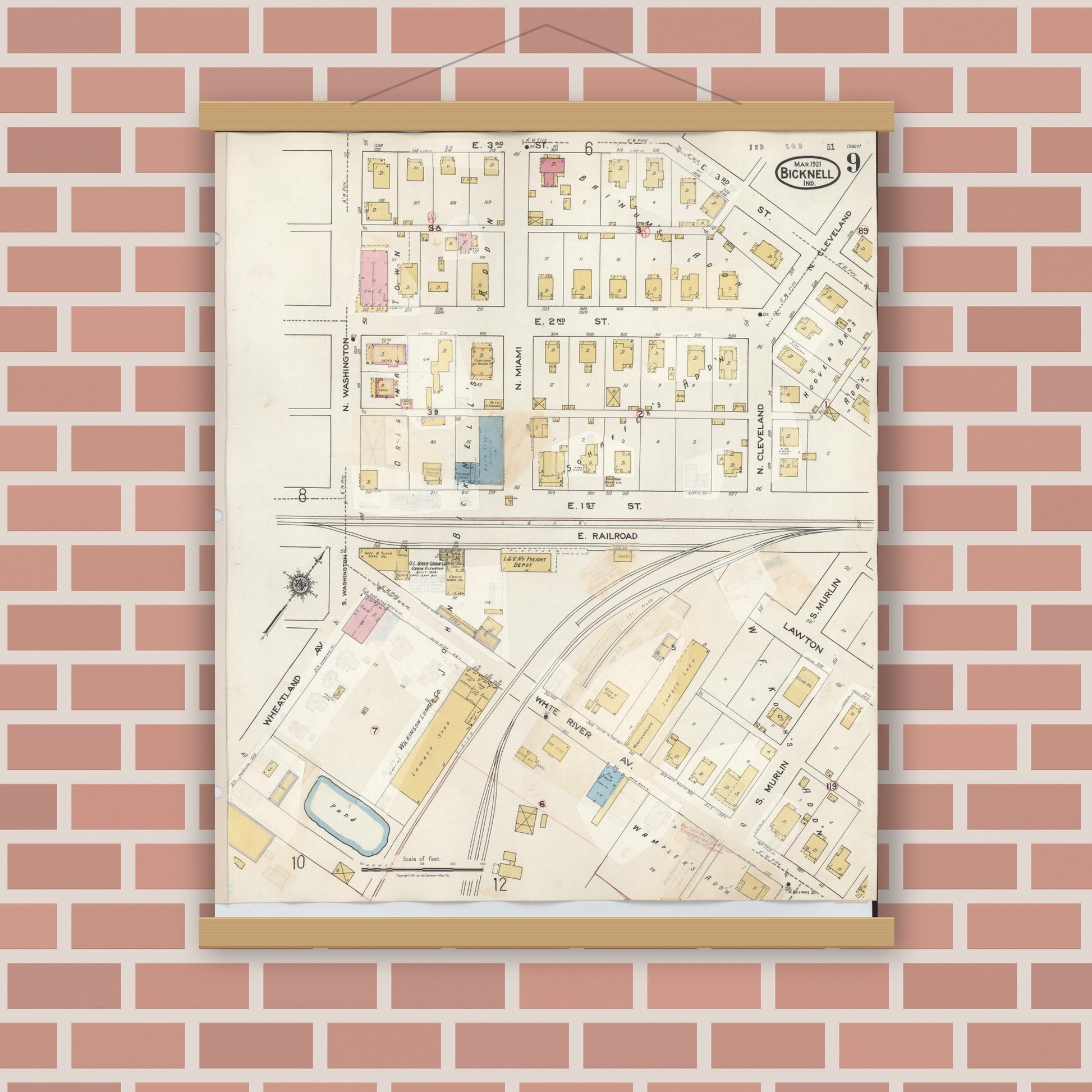 Old map wall art mockup — magnetic wood frame on brick wall — Sanborn Fire Insurance Map from Bicknell, Knox County, Indiana (1946), Sheet #0009