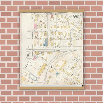 Old map wall art mockup — magnetic wood frame on brick wall — Sanborn Fire Insurance Map from Bicknell, Knox County, Indiana (1946), Sheet #0009