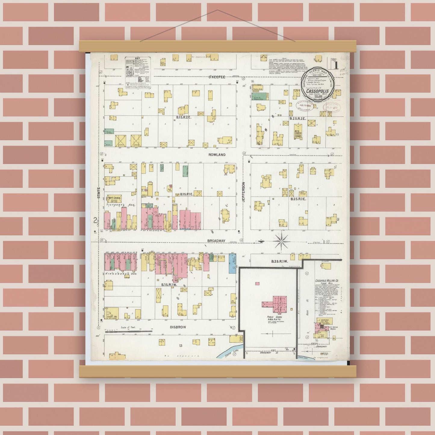 Old map wall art mockup — magnetic wood frame on brick wall — Sanborn Fire Insurance Map from Cassopolis, Cass County, Michigan (1899), Sheet #0001