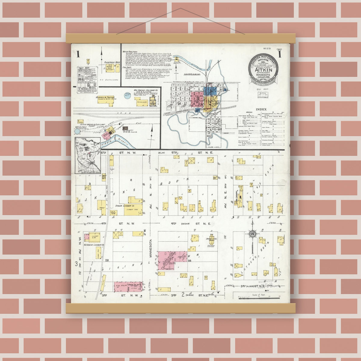 Old map wall art mockup — magnetic wood frame on brick wall — Sanborn Fire Insurance Map from Aitkin, Aitkin County, Minnesota (1924) - Complete Map Set
