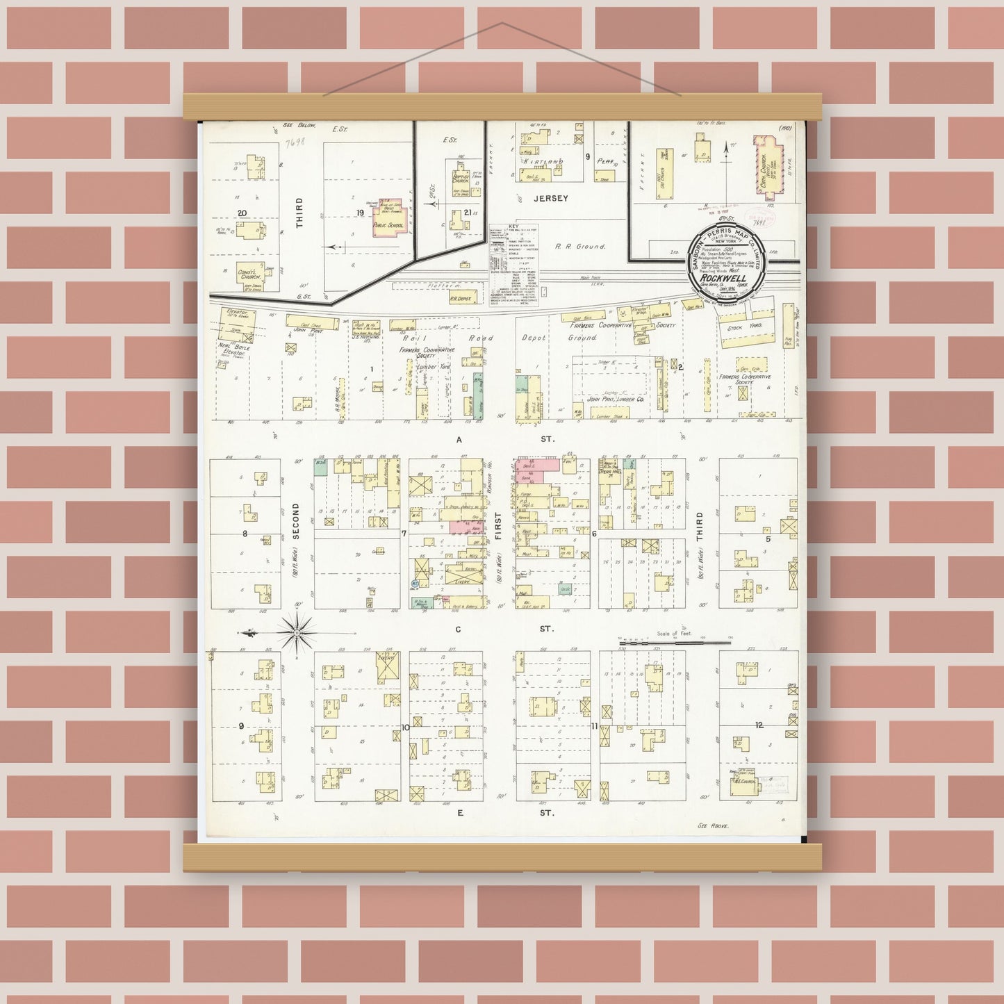 Old map wall art mockup — magnetic wood frame on brick wall — Sanborn Fire Insurance Map from Rockwell, Cerro Gordo County, Iowa (1896), Sheet #0001