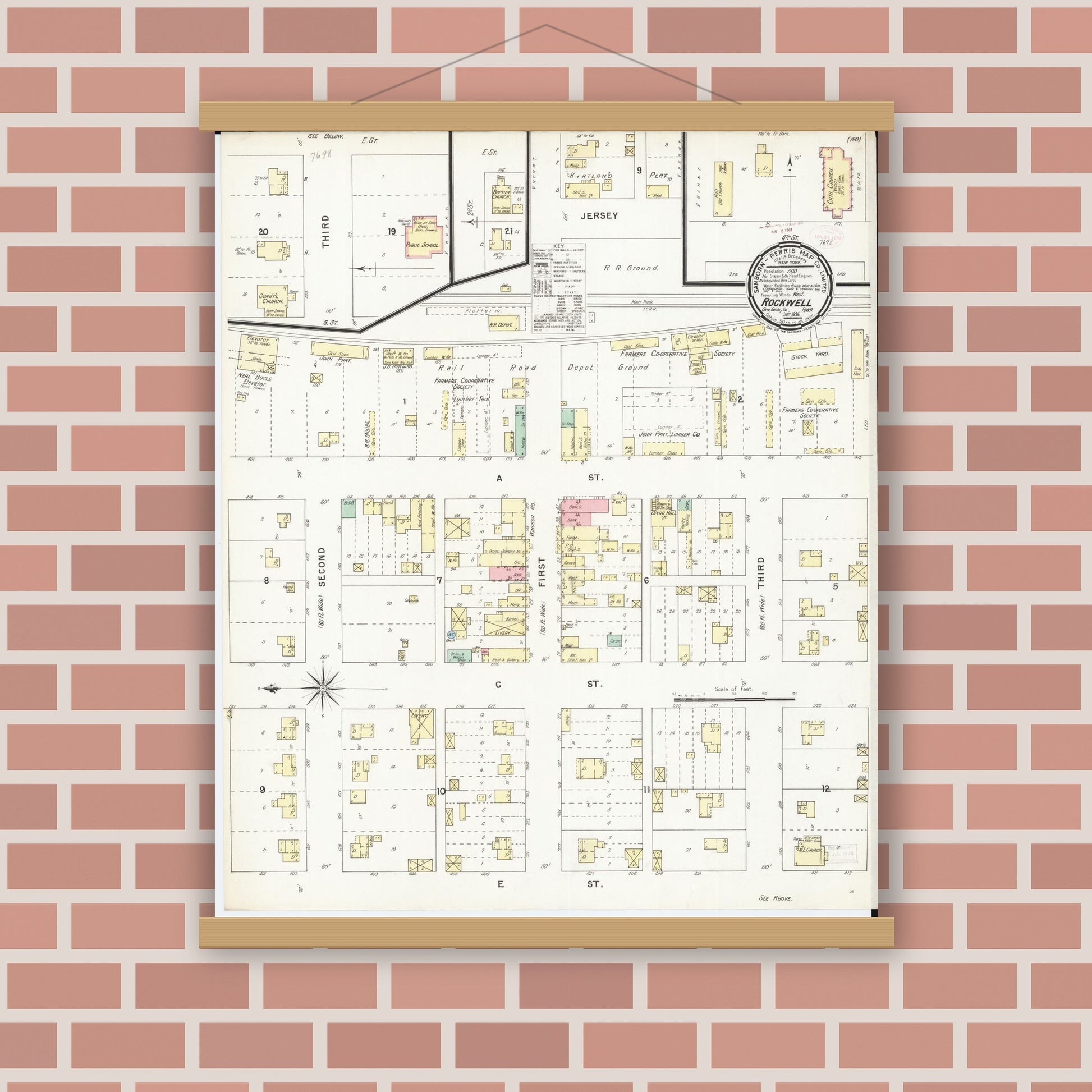Old map wall art mockup — magnetic wood frame on brick wall — Sanborn Fire Insurance Map from Rockwell, Cerro Gordo County, Iowa (1896), Sheet #0001