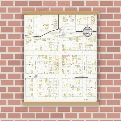 Old map wall art mockup — magnetic wood frame on brick wall — Sanborn Fire Insurance Map from Rockwell, Cerro Gordo County, Iowa (1896), Sheet #0001