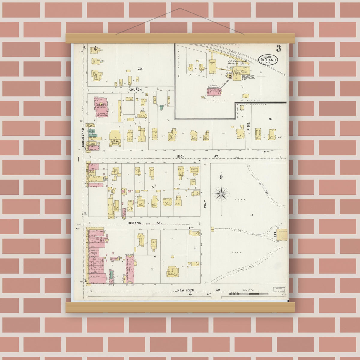 Old map wall art mockup — magnetic wood frame on brick wall — Sanborn Fire Insurance Map from De Land, Volusia County, Florida (1897), Sheet #0003