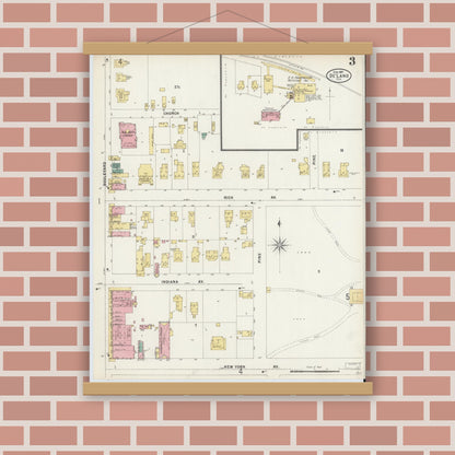 Old map wall art mockup — magnetic wood frame on brick wall — Sanborn Fire Insurance Map from De Land, Volusia County, Florida (1897), Sheet #0003