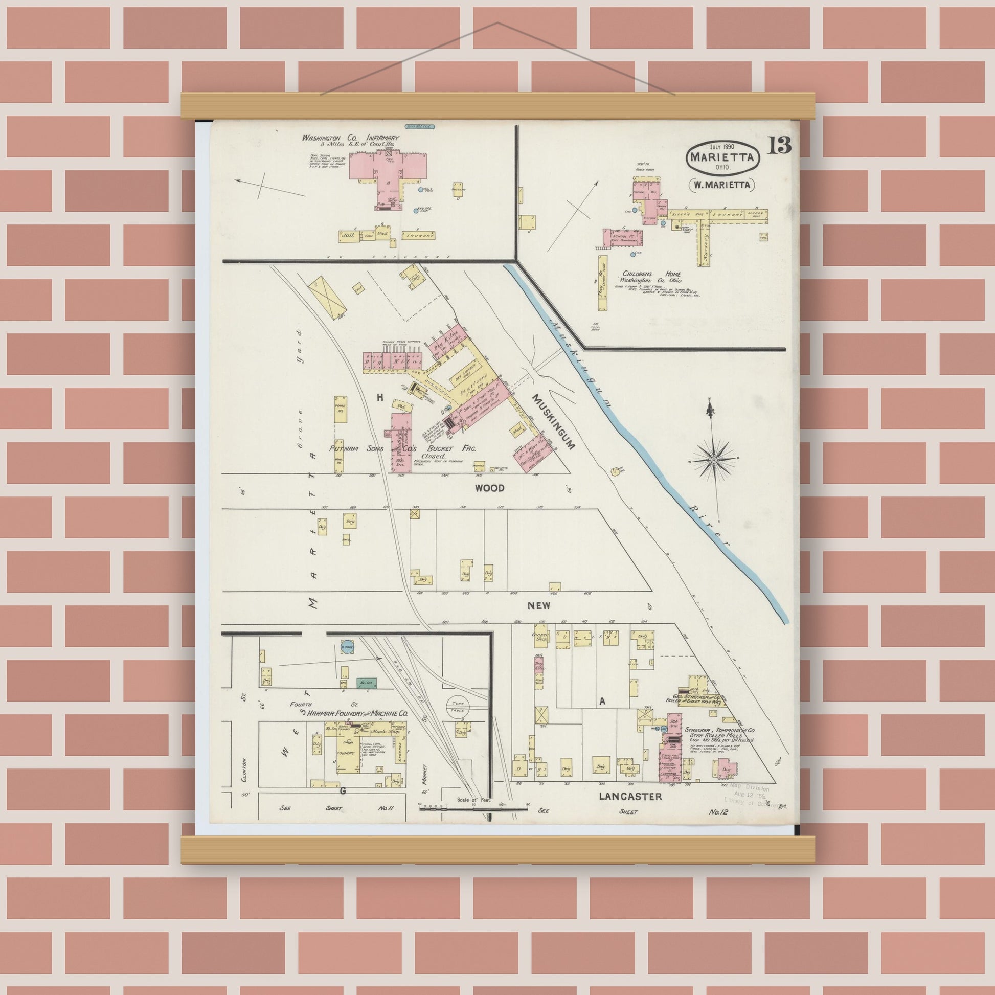 Old map wall art mockup — magnetic wood frame on brick wall — Sanborn Fire Insurance Map from Marietta, Washington County, Ohio (1890), Sheet #0013