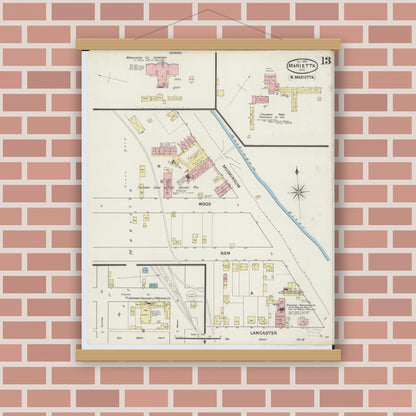 Old map wall art mockup — magnetic wood frame on brick wall — Sanborn Fire Insurance Map from Marietta, Washington County, Ohio (1890), Sheet #0013