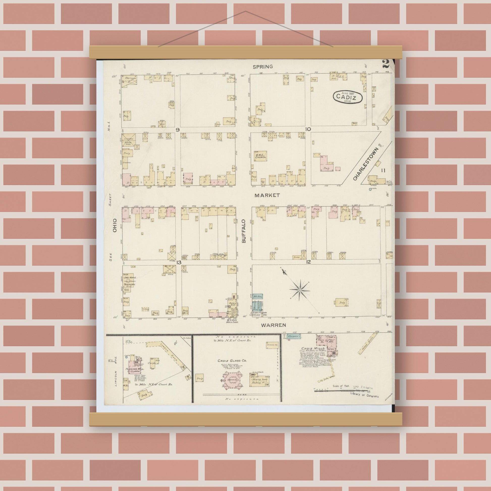 Old map wall art mockup — magnetic wood frame on brick wall — Sanborn Fire Insurance Map from Cadiz, Harrison County, Ohio (1887), Sheet #0002