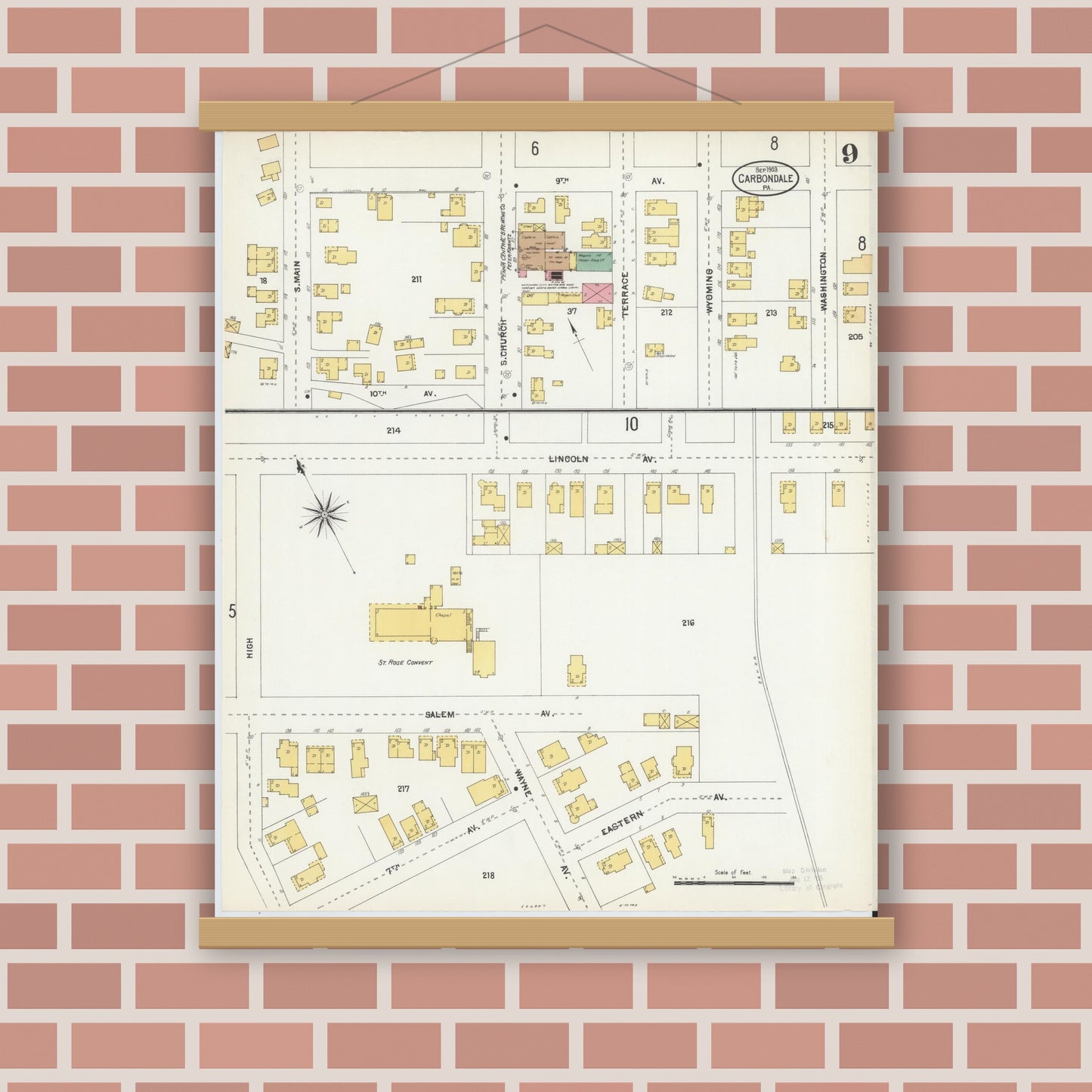 Old map wall art mockup — magnetic wood frame on brick wall — Sanborn Fire Insurance Map from Carbondale, Lackawanna County, Pennsylvania (1903), Sheet #0009