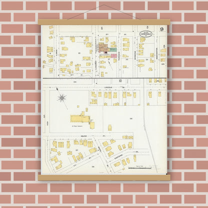 Old map wall art mockup — magnetic wood frame on brick wall — Sanborn Fire Insurance Map from Carbondale, Lackawanna County, Pennsylvania (1903), Sheet #0009