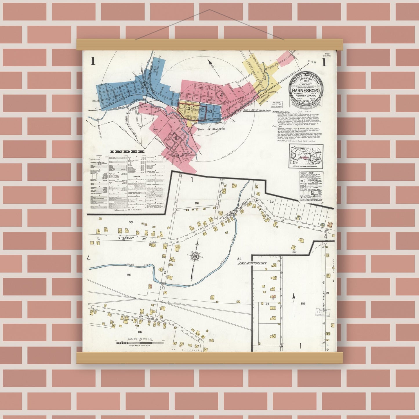 Old map wall art mockup — magnetic wood frame on brick wall — Sanborn Fire Insurance Map from Barnesboro, Cambria County, Pennsylvania (1923), Sheet #0001