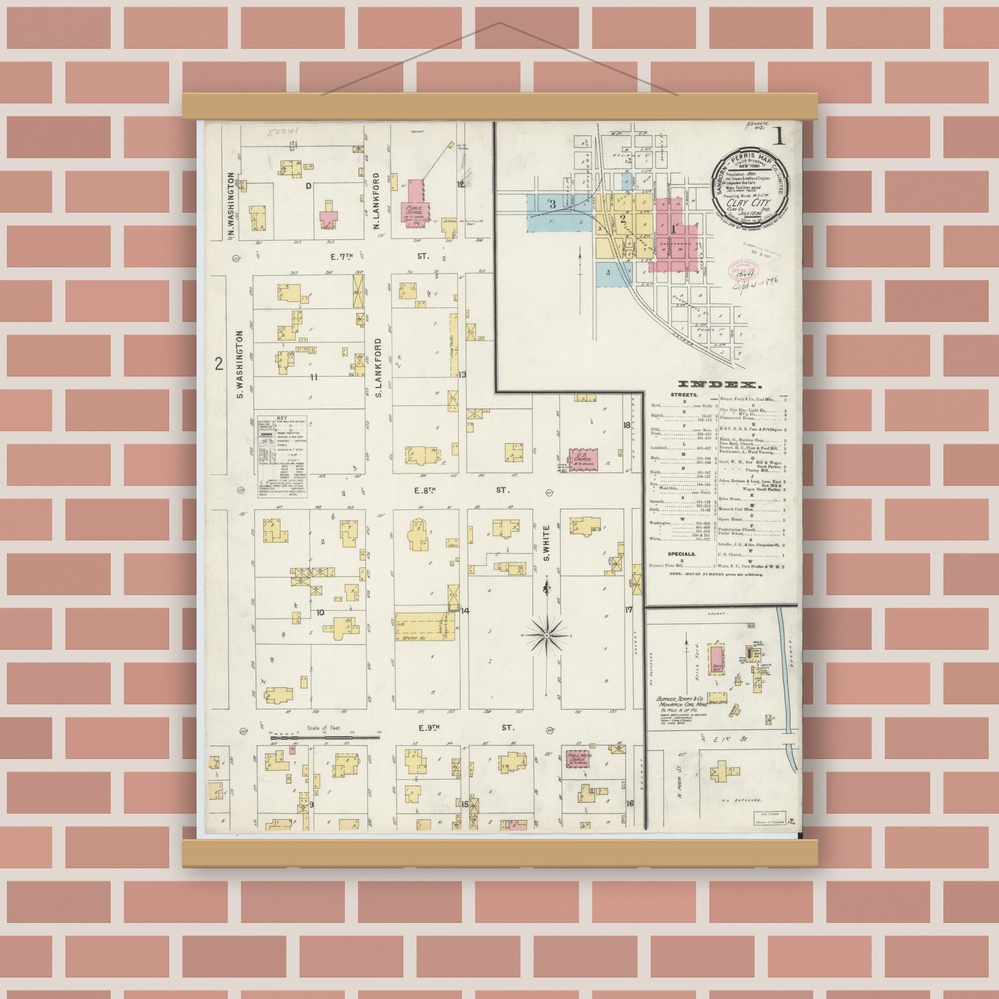 Old map wall art mockup — magnetic wood frame on brick wall — Sanborn Fire Insurance Map from Clay City, Clay County, Indiana (1896) - Complete Map Set