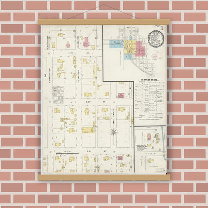 Old map wall art mockup — magnetic wood frame on brick wall — Sanborn Fire Insurance Map from Clay City, Clay County, Indiana (1896) - Complete Map Set