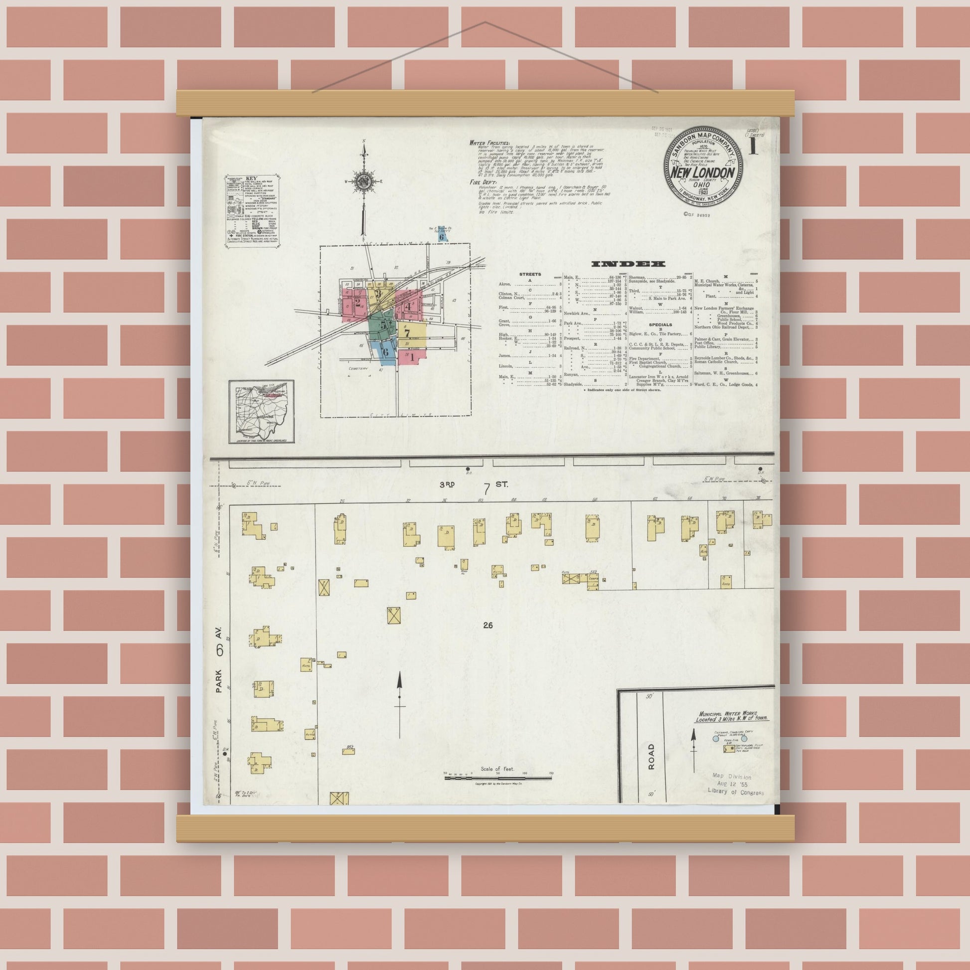 Old map wall art mockup — magnetic wood frame on brick wall — Sanborn Fire Insurance Map from New London, Huron County, Ohio (1921) - Complete Map Set