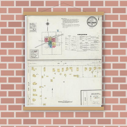 Old map wall art mockup — magnetic wood frame on brick wall — Sanborn Fire Insurance Map from New London, Huron County, Ohio (1921) - Complete Map Set