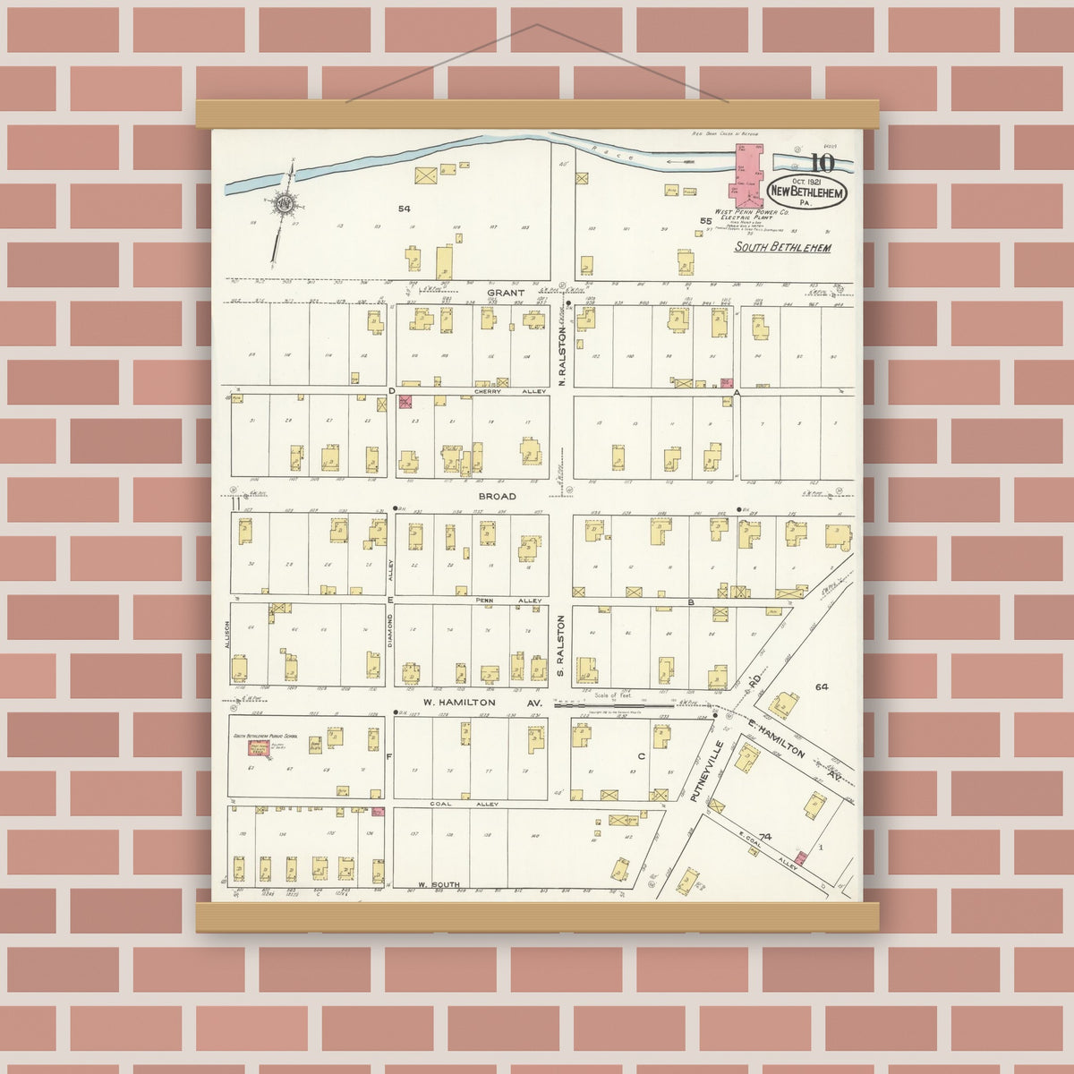 Old map wall art mockup — magnetic wood frame on brick wall — Sanborn Fire Insurance Map from New Bethlehem, Clarion County, Pennsylvania (1921), Sheet #0010