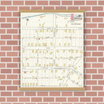 Old map wall art mockup — magnetic wood frame on brick wall — Sanborn Fire Insurance Map from New Bethlehem, Clarion County, Pennsylvania (1921), Sheet #0010