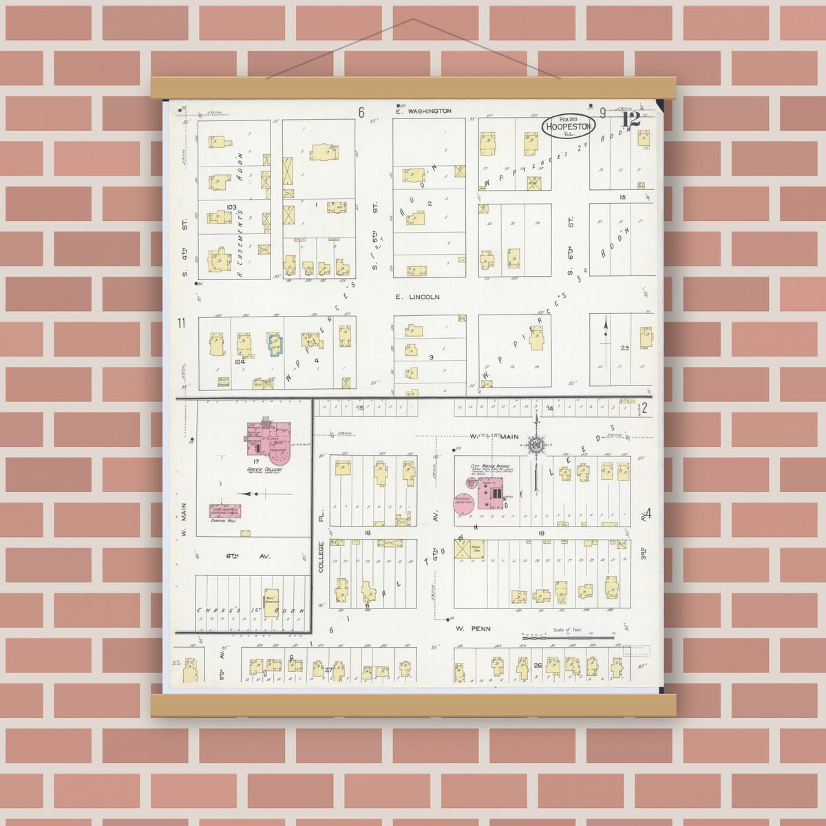 Old map wall art mockup — magnetic wood frame on brick wall — Sanborn Fire Insurance Map from Hoopeston, Vermilion County, Illinois (1913), Sheet #0012