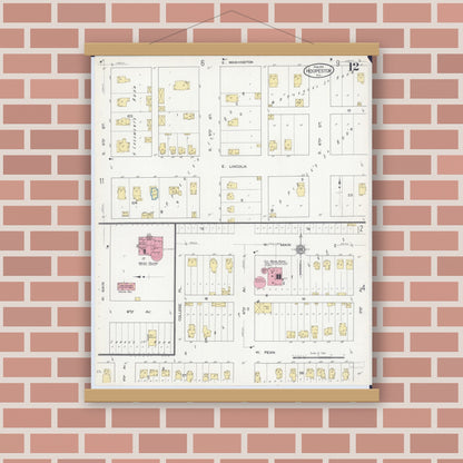 Old map wall art mockup — magnetic wood frame on brick wall — Sanborn Fire Insurance Map from Hoopeston, Vermilion County, Illinois (1913), Sheet #0012