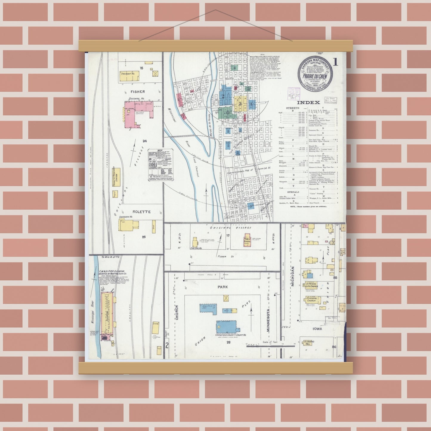 Old map wall art mockup — magnetic wood frame on brick wall — Sanborn Fire Insurance Map from Prairie du Chien, Crawford County, Wisconsin (1905) - Complete Map Set