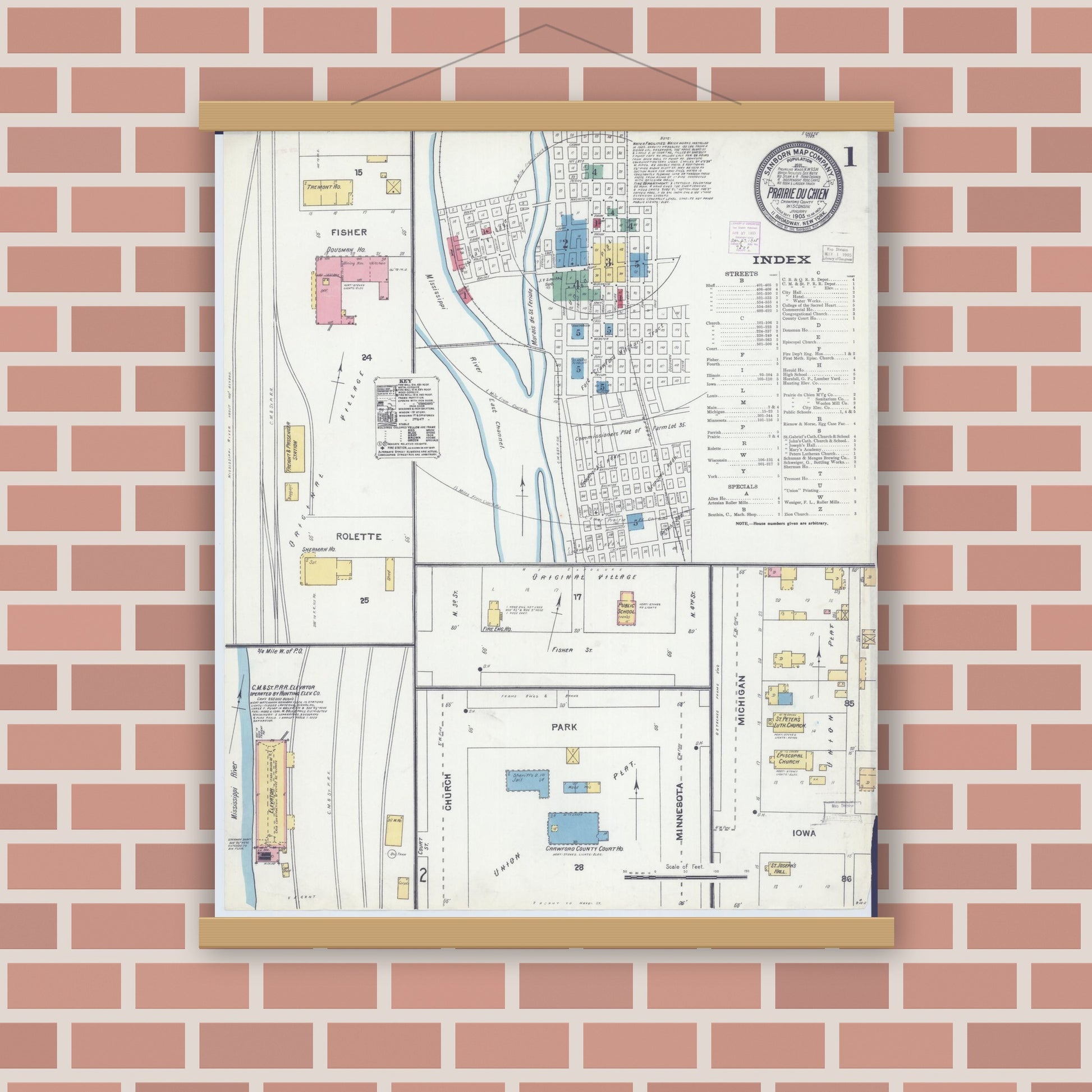 Old map wall art mockup — magnetic wood frame on brick wall — Sanborn Fire Insurance Map from Prairie du Chien, Crawford County, Wisconsin (1905) - Complete Map Set