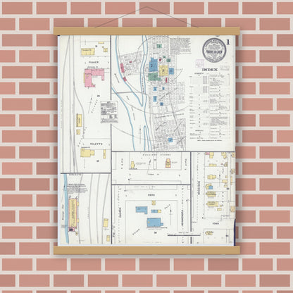 Old map wall art mockup — magnetic wood frame on brick wall — Sanborn Fire Insurance Map from Prairie du Chien, Crawford County, Wisconsin (1905) - Complete Map Set