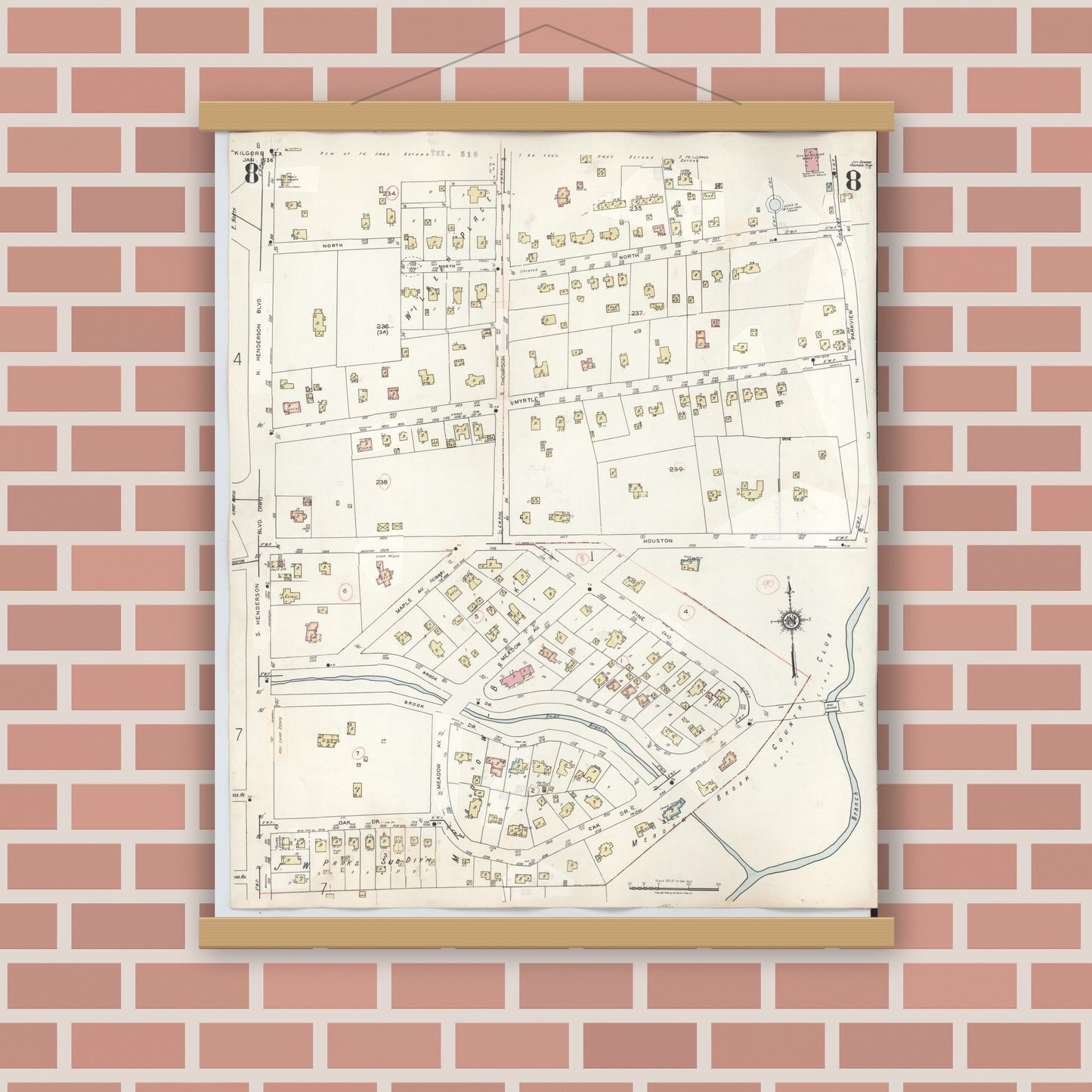 Old map wall art mockup — magnetic wood frame on brick wall — Sanborn Fire Insurance Map from Kilgore, Gregg County, Texas (1950), Sheet #0008
