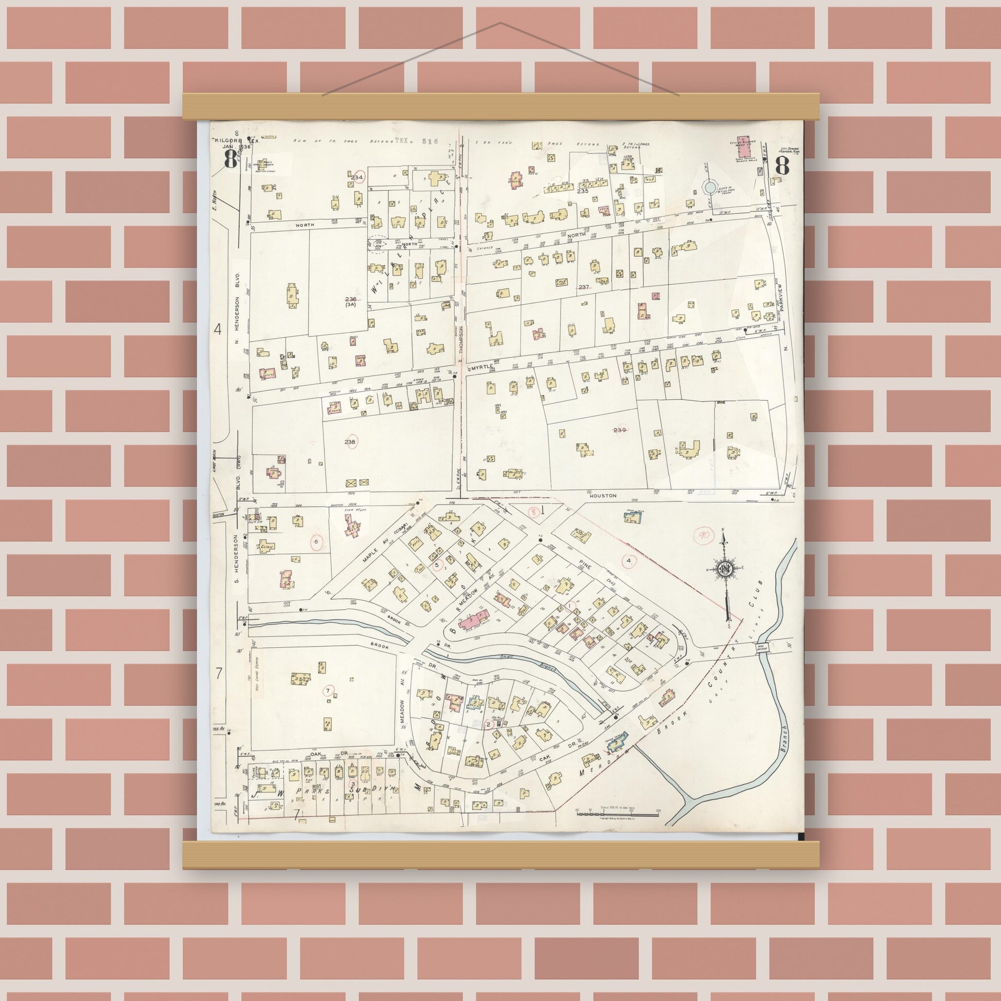 Old map wall art mockup — magnetic wood frame on brick wall — Sanborn Fire Insurance Map from Kilgore, Gregg County, Texas (1950), Sheet #0008