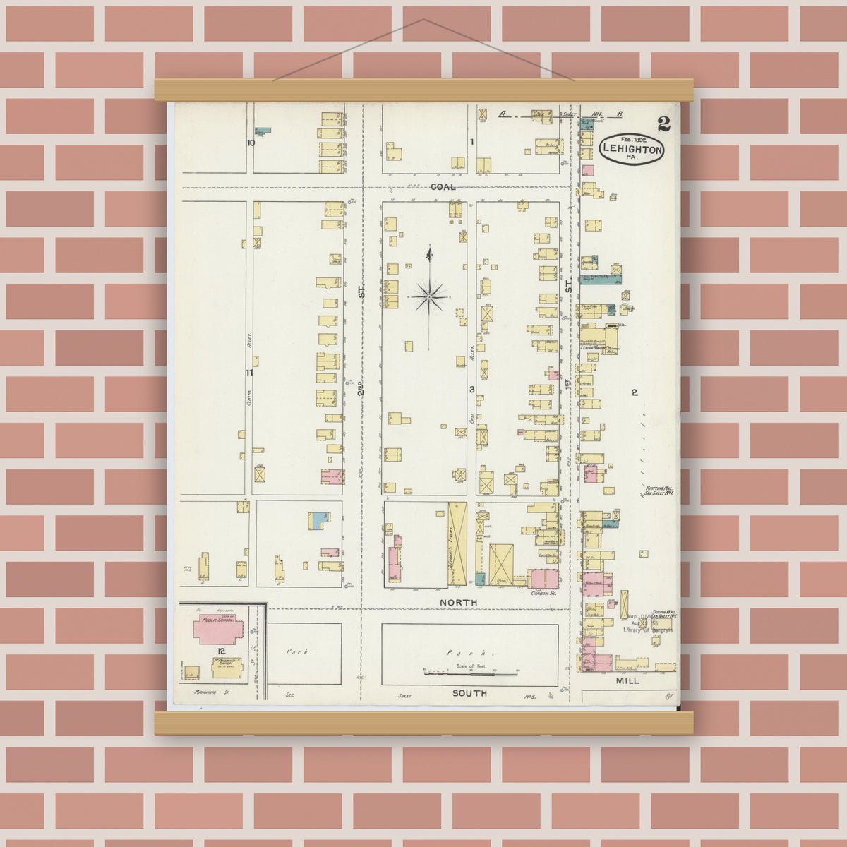 Old map wall art mockup — magnetic wood frame on brick wall — Sanborn Fire Insurance Map from Lehighton, Carbon County, Pennsylvania (1892), Sheet #0002